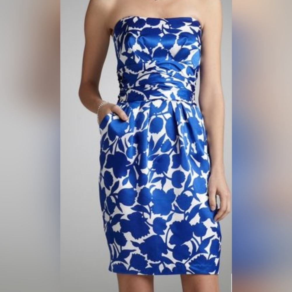 David's Bridal Slim Charmeuse Print Dress with Ruched Waist Royal Blue/ White 10